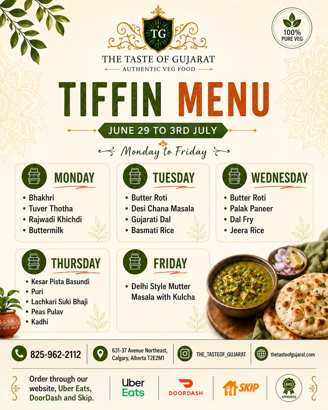 Weekly Tiffin Menu - 29th June to 3rd July 2026 at The Taste of Gujarat Calgary